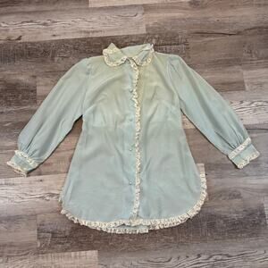 Vintage Christian Dior Mint Chiffon Lace Blouse Coquette Romantic Small